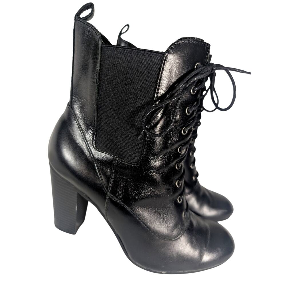 LIZ CLAIBORNE! BLACK GENUINE LEATHER LACE UP, INSIDE ZIPPER ANKLE BOOTS! 10M